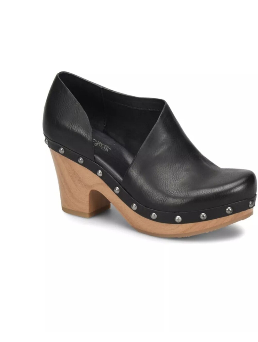 Korks Black Leather Studded Clog Heels